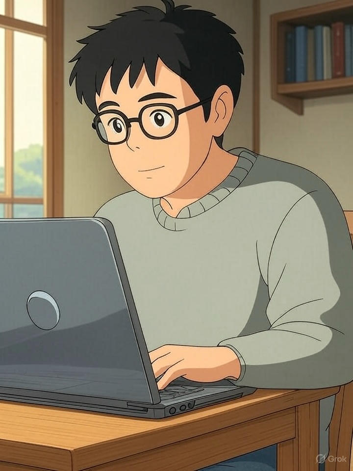 Anime-style illustration of Timothy working at a laptop